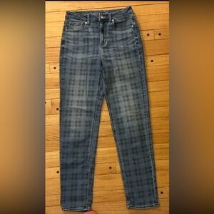 American Eagle Blue Plaid Pinch Mom Straight Jeans